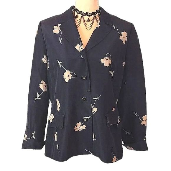 Doncaster 90s Navy Blue Floral Button Front Silk Blazer Jacket Size 12 - Picture 1 of 17